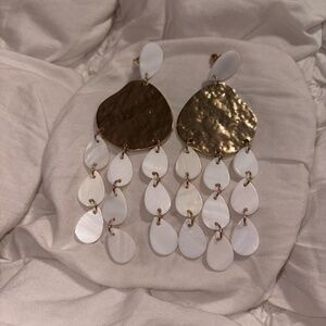 Anthropologie Gold Hammered Chandelier Earrings Mother of Pearl Drops